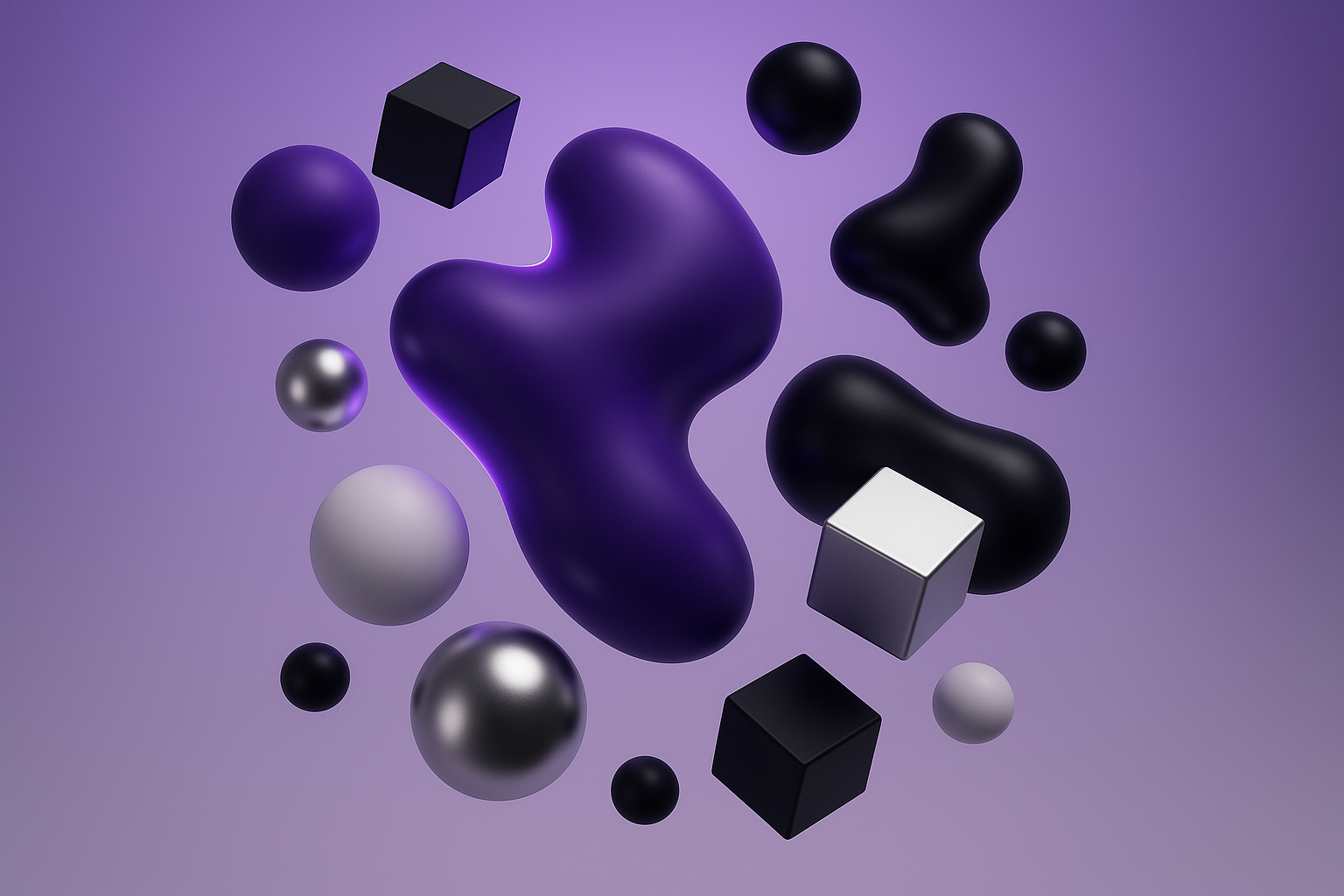 Abstract 3D composition of floating geometric shapes (spheres, cubes, fluid organic forms) in violet (#5A2A83), black, silver, and white, with soft neon violet glow. Minimalist gradient background fading from white to deep violet. Clean, futuristic, luxury branding style. Portrait orientation, high resolution, modern ecommerce hero banner design.”